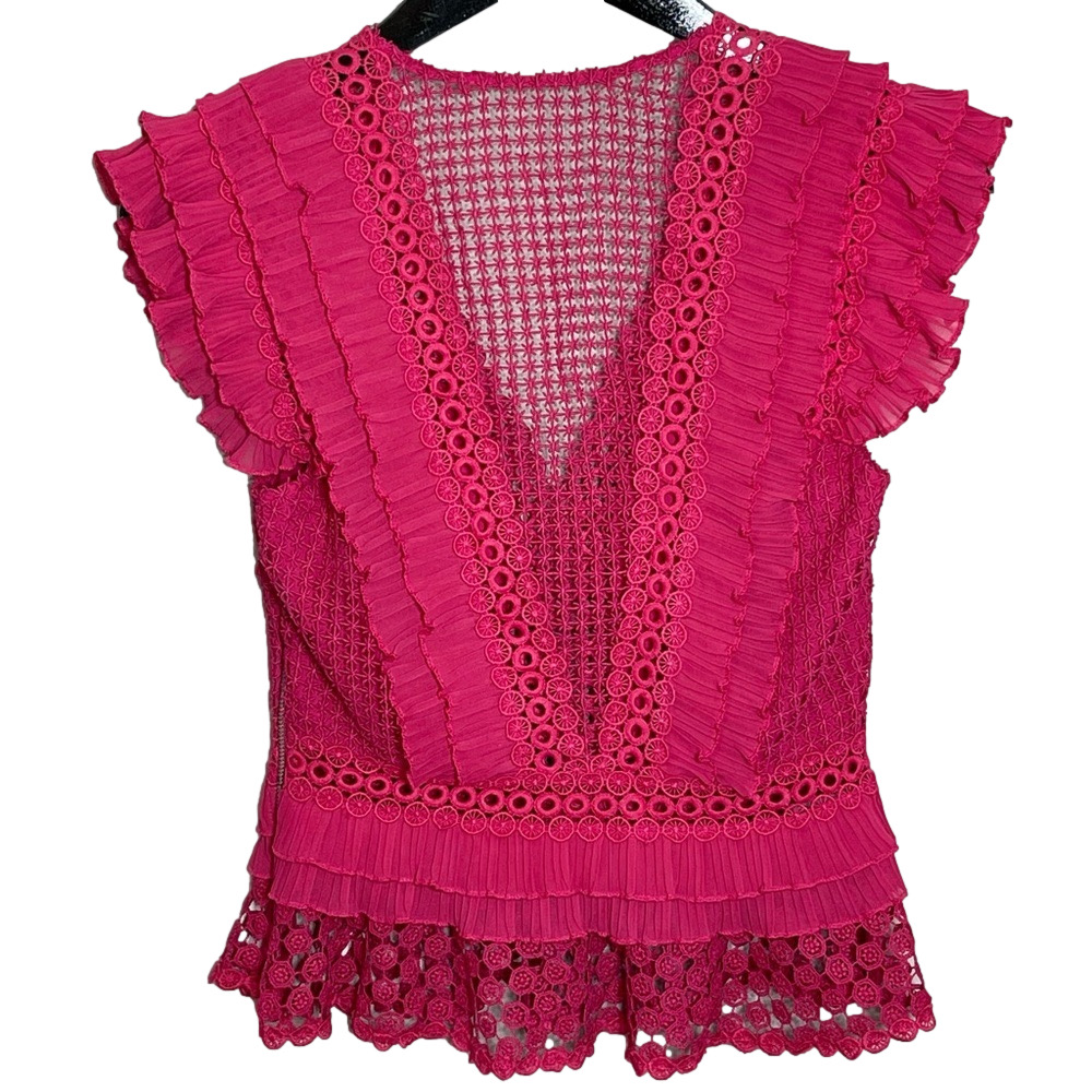 SAYLOR Pink Eyelet Ruffle Peplum Blouse Flutter Sleeve Boho Romantic Statement - Picture 4 of 16